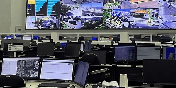 A modern command center featuring multiple computer workstations with monitors and a large video wall displaying various surveillance camera feeds and data visualizations - IDB Blog - Cracking Crime - Inter-American Development Bank