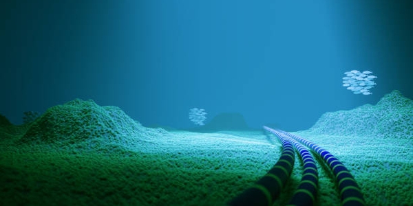 Underwater fiber optic cables on sea floor. (3d render)
