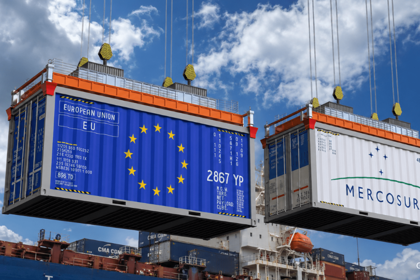 Two containers ona port with the EU logo and another one with Mercosur logo