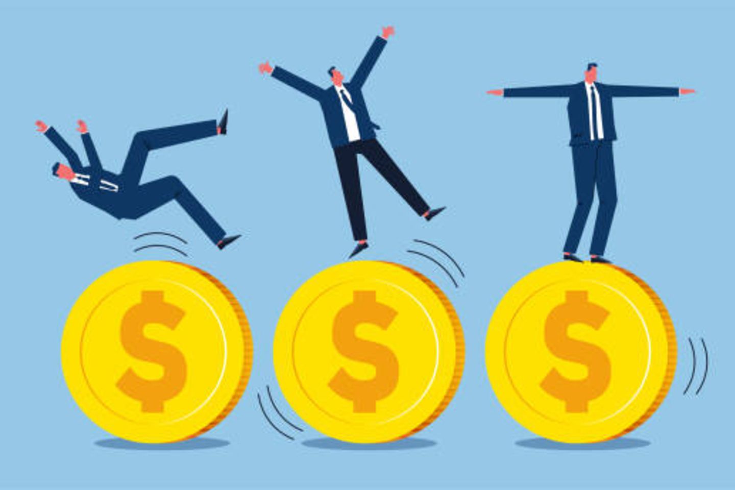 An illustration depicting three men in suits in different acrobatic poses on gold coins.
