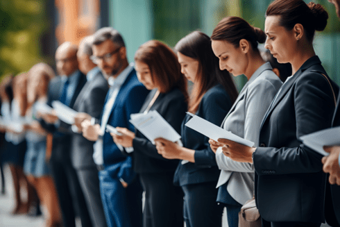 A group of people standing in a line looking at documents. Employment - Inter-American Development Bank - IDB