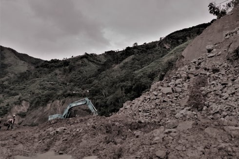 a construction equipment in a rocky area