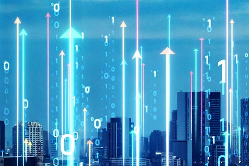 Graph of a city skyline with arrows and numbers